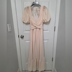 ASTR the Label Tie Peach Cream Puff Sleeve Midi Dress Size M